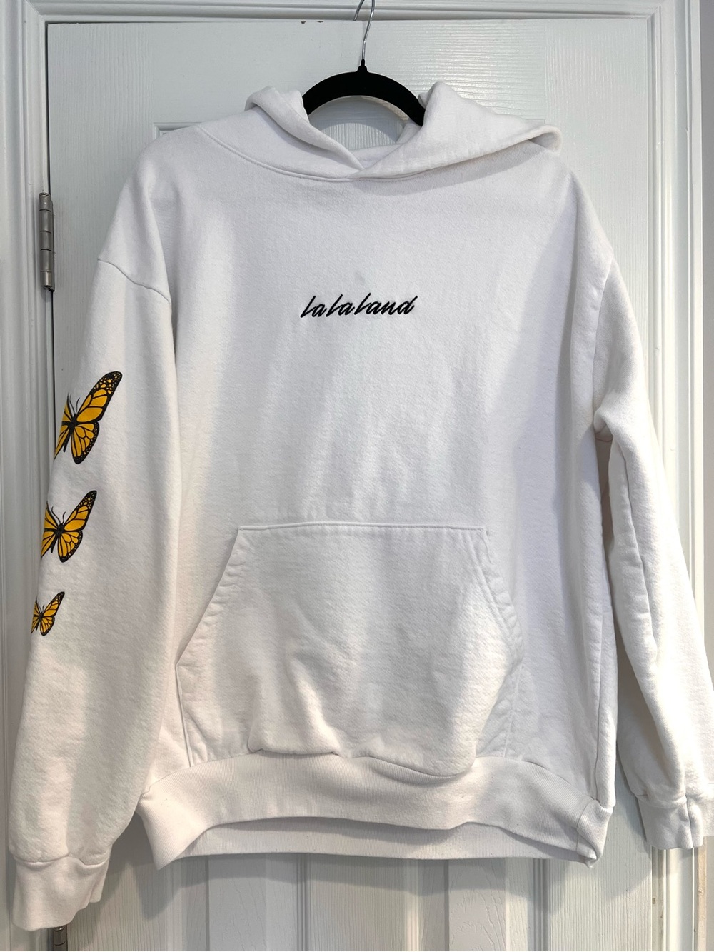 LaLaLand White Hoodie Sweatshirt Butterfly Sleeve Kangaroo Pocket L